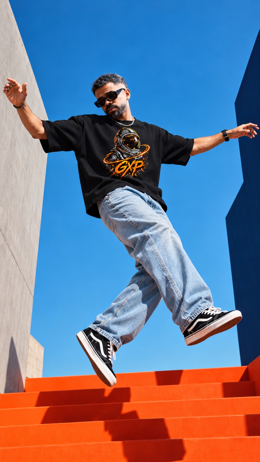 Rony GXP jumping above orange steps in the black astronaut T-shirt