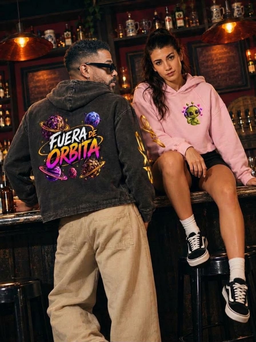 Rony GXP and Ecem modeling the Fuera de Órbita and alien hoodies
