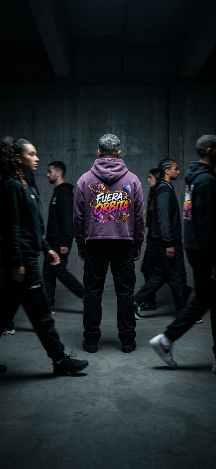 Rony GXP wearing the purple Fuera de Órbita hoodie, back view